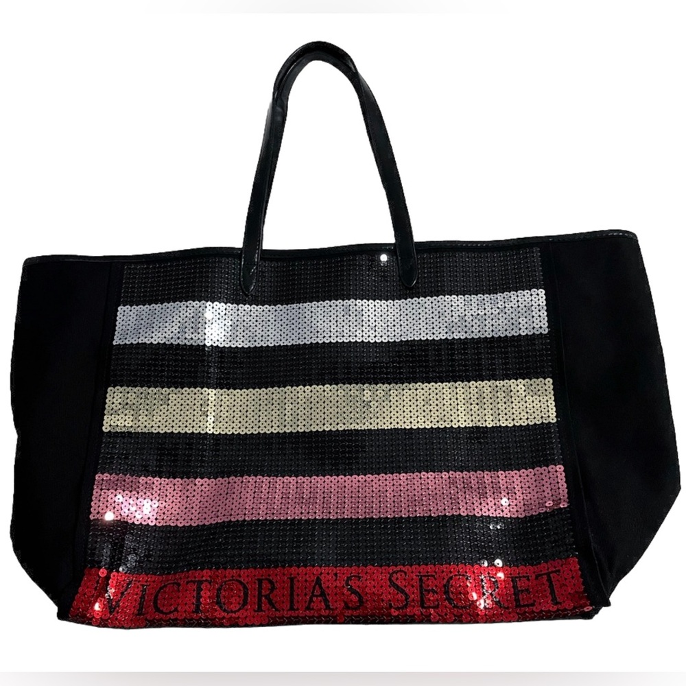 Victoria’s Secret Large Sequin Stripe Tote Bag Black Multicolor NWOT